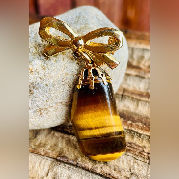 Vintage Jewelry - Vintage Gold Bow Tiger’s Eye Stone Brooch/Pin